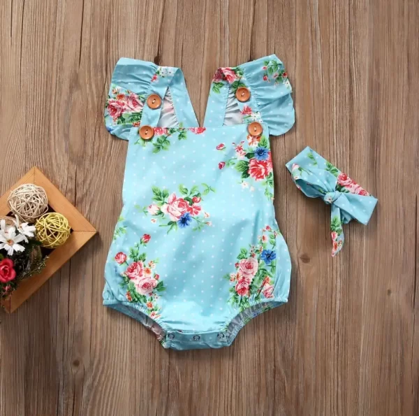 Newborn Baby Girls Floral One-pieces Romper Sunsuit Headband Clothes Set 0-24M - Image 4