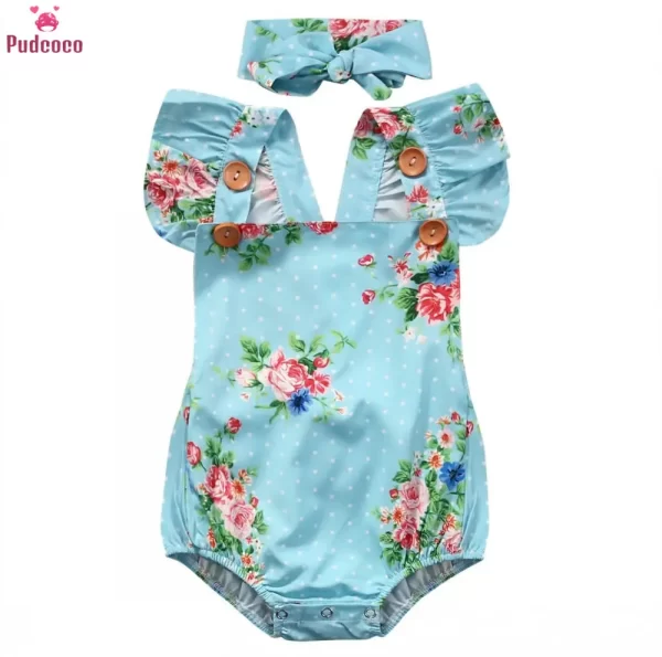 Newborn Baby Girls Floral One-pieces Romper Sunsuit Headband Clothes Set 0-24M - Image 3