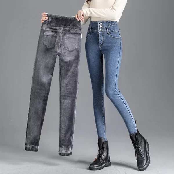 Thermal Winter Thick Fleece High-waist Warm Skinny Jeans Thick Women Stretch Button Pencil Pants Mom Casual Velvet Jeans - Image 3