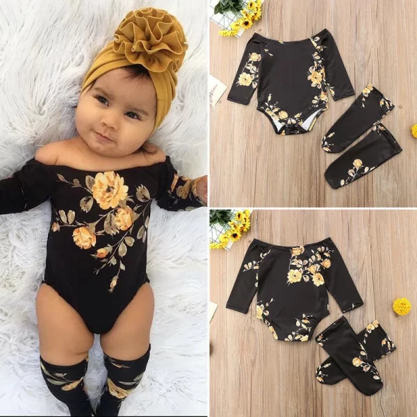 0-24M Baby Girls 3pcs Set Newborn Baby Girl Off Shoulder Flower Romper +2 Leg Warmers Socks Toddler Outfits Girls Clothes