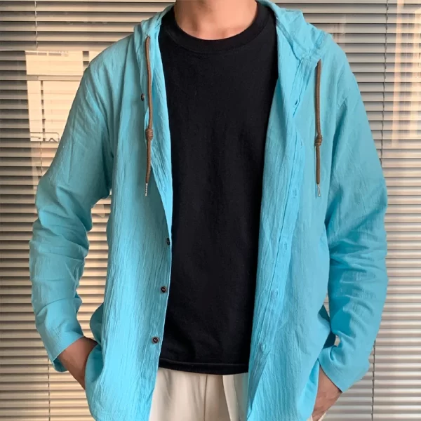 Summer Men's Linen Shirt Solid Streetwear Long Sleeve Hoodie Cardigan Clothing For Men Button Tops Casual Loose Men Hooded Shirt - Image 3