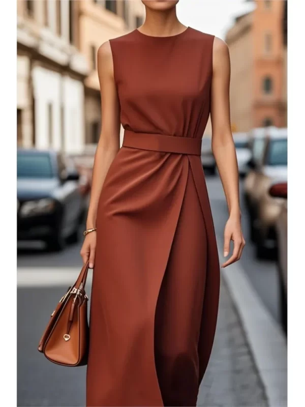 Summer Fashion Solid Color Long Dresses 2025 Woman Sexy Round Neck Sleeveless High Waist Dress Elegant Commuting Lady Dress - Image 3