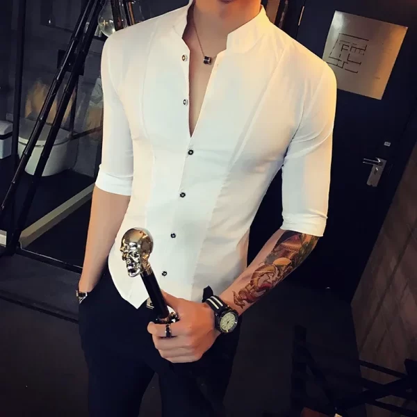 Men's Stand-up Collar Shirt 2024 Summer New Men's Fashion Slim Korean Half Sleeve High Quality Summer Short Sleeve Shirt - Image 7
