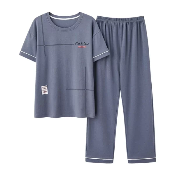 New Summer Fashion Men's Sleepwear Soft Cotton Pajamas Set for Gentleman Round Collar Grey Plain Loose Loungewear for Young Man - Image 8
