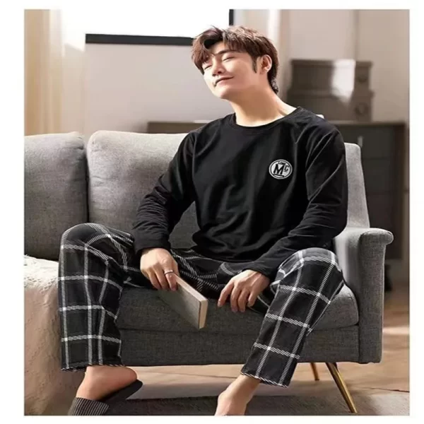 2PCS/Set Men's Pajamas Autumn Winter Long-Sleeved Fashion Soft Simple Casual Homewear Man Black Comfortable Striped Loungewear - Image 3