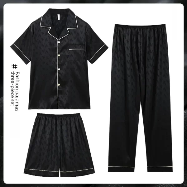 Summer Pajamas Men's Jacquard Ice Silk Short Sleeve Three-piece Set Casual Teenager Simulation Silk Home Wear Outerwear - Image 5