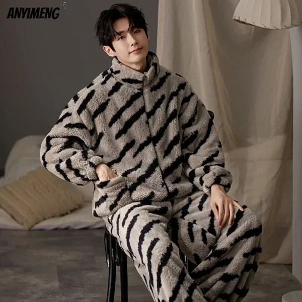 New Flannel Pajamas for Men Winter Thick Velvet Cardigan Pajama Sets Lapel Zipper Homewear Soft Warm Nightwear Man Pyjamas - Image 3