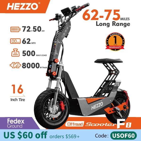 HEZZO F8 Electric Scooter 16 Inch Foldable 72v 8000W 62.5MPH 50Ah Long Range Off Road Escooter Motorbike With Seat US Warehouse - Image 2