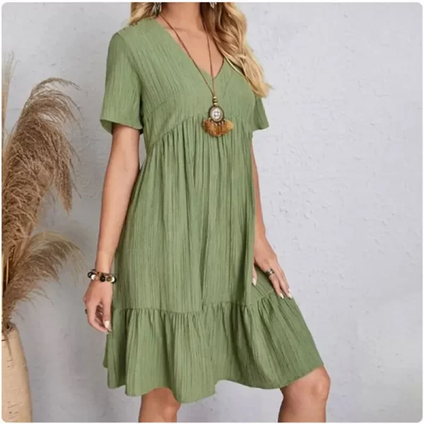 Women Summer Peplum Dresses Spring V-Neck Short Sleeve Loose Waist Ruffle Fit Flare Vocation Dresses - Image 2