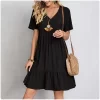 Women Summer Peplum Dresses Spring V-Neck Short Sleeve Loose Waist Ruffle Fit Flare Vocation Dresses - Image 5