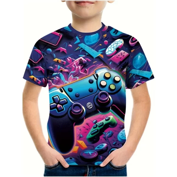 T-Shirt for a Boy 3D Print Gamepad Doodle Boy's T-Shirts Casual Round Neck Short Sleeves Tops Kids Summer Children's Clothing - Image 7