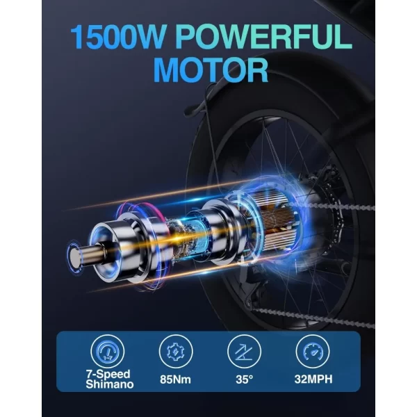 Electric Bike, 1500W 30MPH,48V 20/23AH,Max 75Miles Electric Motorcycle 20" Fat Tire Dirt Bike,7-Speed E-Bike Dual Shock Absorber - Image 3