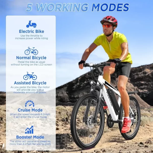 Electric Bike for Adults, 26'' 1000W Peak Ebike, Adjustable Stem, Fenders, Lockable Suspension Fork, 21-Speed - Image 6