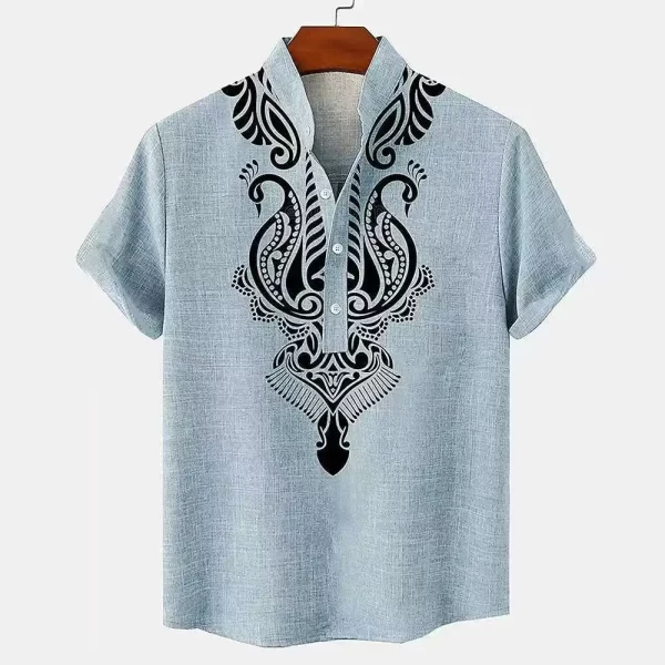 Men's Tops Pullover Linen Men's Tribal Totem Short Sleeve Shirt Half Cardigan Button Stand Collar New Shirt Linen Men's Tops - Image 7