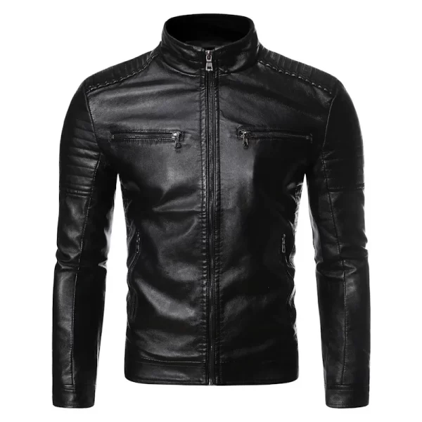 Men's Jacket solid Colors leather jackets male Stand Collar Motor Slim Multi Pockets jackets male Vintage Classic Leather Jacket - Image 7