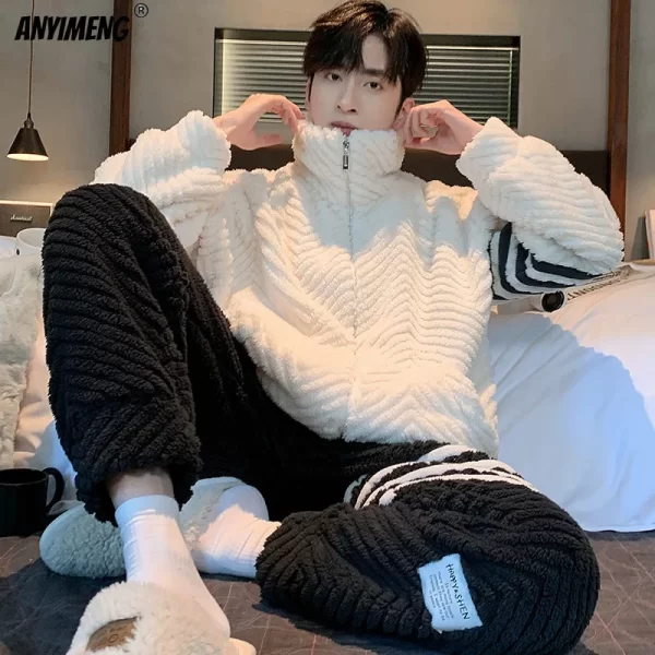 New Flannel Pajamas for Men Winter Thick Velvet Cardigan Pajama Sets Lapel Zipper Homewear Soft Warm Nightwear Man Pyjamas - Image 2