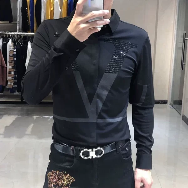 Spring Autumn New Diamonds Print Letter Shirt Man Casual Long Sleeve All-match Blouse Korean Fashion Y2K Top Letter Male Clothes - Image 2