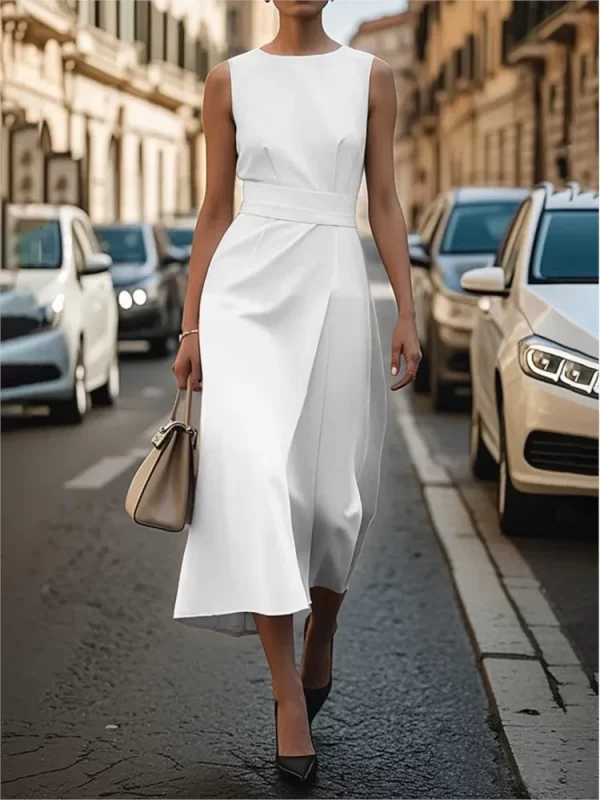Summer Fashion Solid Color Long Dresses 2025 Woman Sexy Round Neck Sleeveless High Waist Dress Elegant Commuting Lady Dress - Image 6