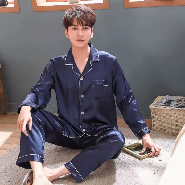 Men Pajama Sets Microfiber Sleepwear Sleeping Man Shirt Silk Long Sleeve Pyjama Male Home Wear Plus Size Loungewear Nightgown - Image 4