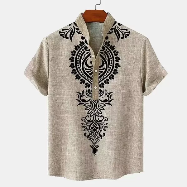 Men's Tops Pullover Linen Men's Tribal Totem Short Sleeve Shirt Half Cardigan Button Stand Collar New Shirt Linen Men's Tops - Image 6