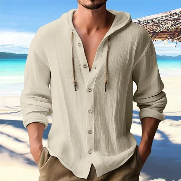 Summer Men's Linen Shirt Solid Streetwear Long Sleeve Hoodie Cardigan Clothing For Men Button Tops Casual Loose Men Hooded Shirt - Image 6