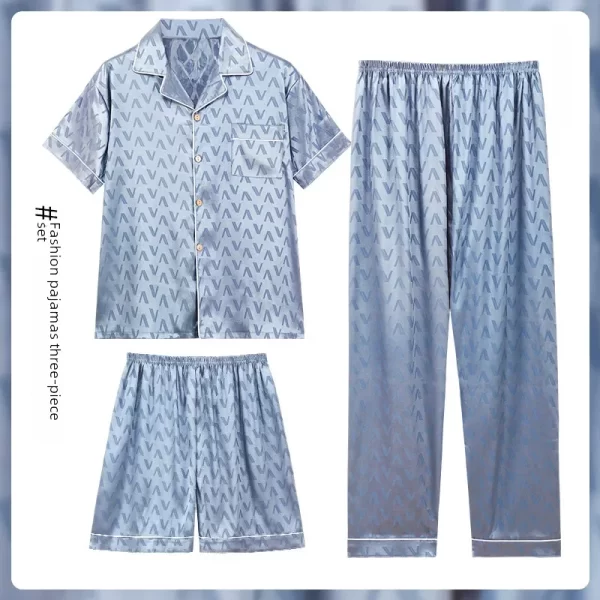 Summer Pajamas Men's Jacquard Ice Silk Short Sleeve Three-piece Set Casual Teenager Simulation Silk Home Wear Outerwear - Image 6
