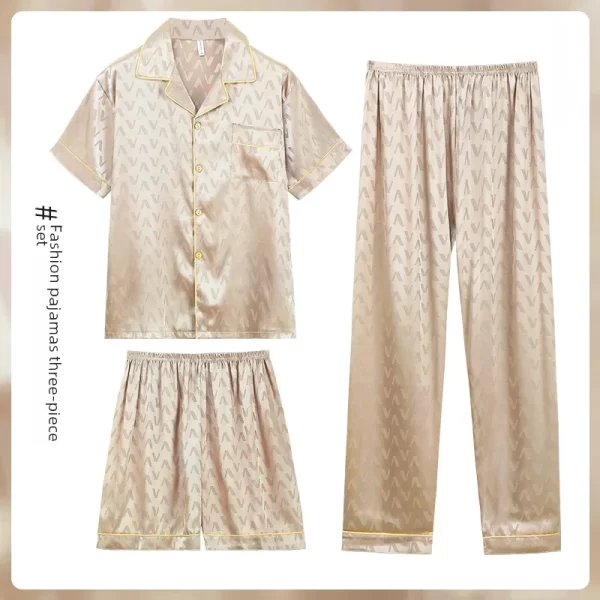 Summer Pajamas Men's Jacquard Ice Silk Short Sleeve Three-piece Set Casual Teenager Simulation Silk Home Wear Outerwear - Image 9