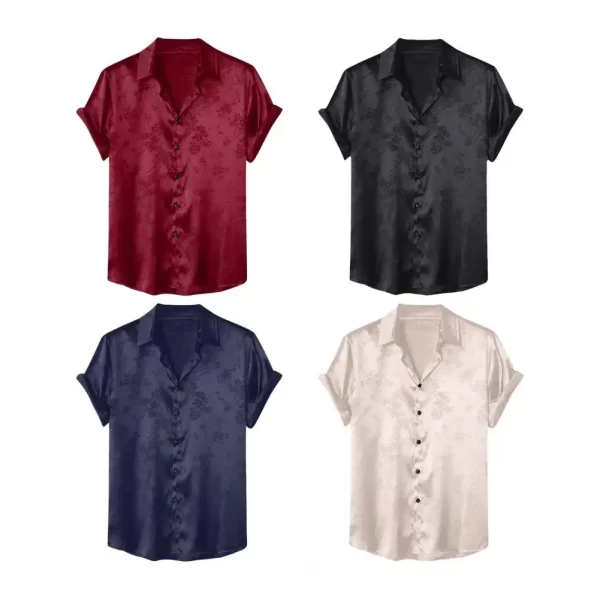 Summer Men Shirt Turn-down Collar Single-breasted Short Sleeve Loose Satin Applique Button Mid Length camisa para hombre - Image 4