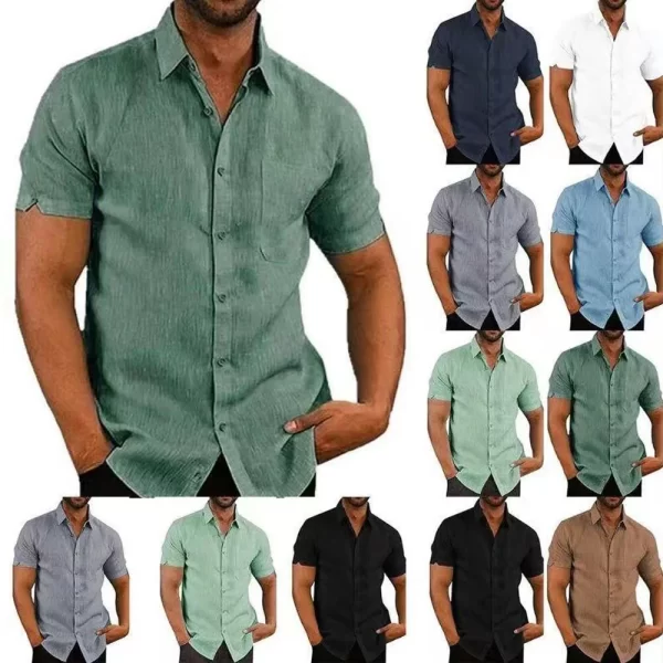 Men Pocket Blouse Tops Summer Male Turn Down Collar Button Short Sleeve Slim Solid Color Blouse Shirts YYCFS-19505 - Image 3