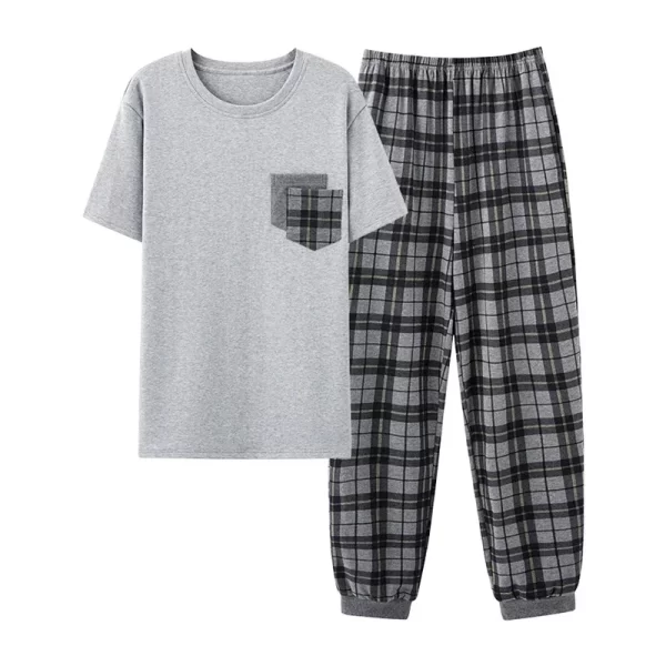 New Summer Fashion Men's Sleepwear Soft Cotton Pajamas Set for Gentleman Round Collar Grey Plain Loose Loungewear for Young Man - Image 9