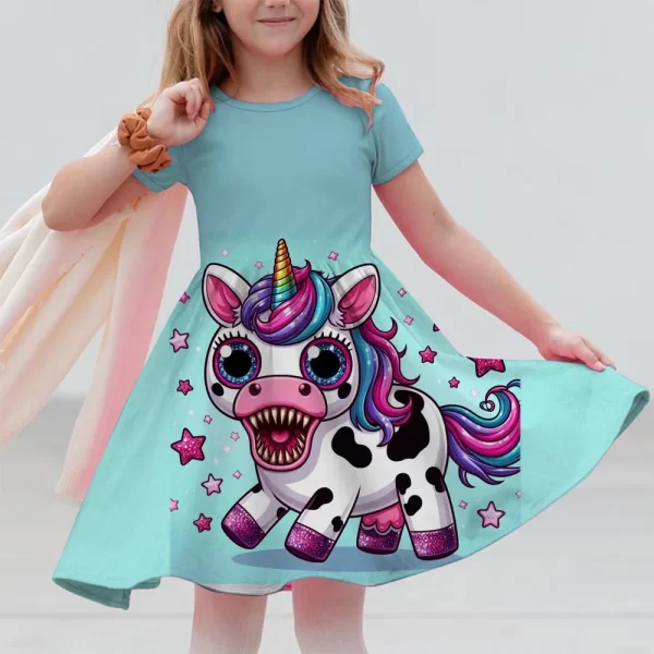 New Unicorn Party Casual Home Dress for Children Aged 3-14 with 3D Printed Short Sleeve Dress in 2025 - Image 6