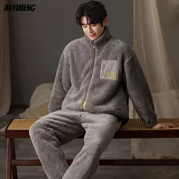 New Flannel Pajamas for Men Winter Thick Velvet Cardigan Pajama Sets Lapel Zipper Homewear Soft Warm Nightwear Man Pyjamas - Image 5