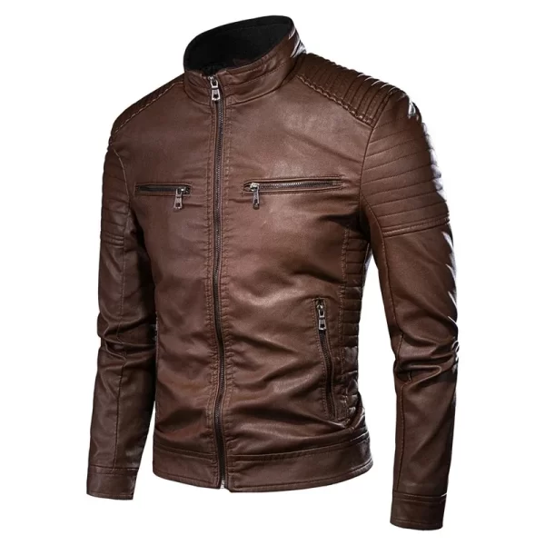 Men's Jacket solid Colors leather jackets male Stand Collar Motor Slim Multi Pockets jackets male Vintage Classic Leather Jacket - Image 3