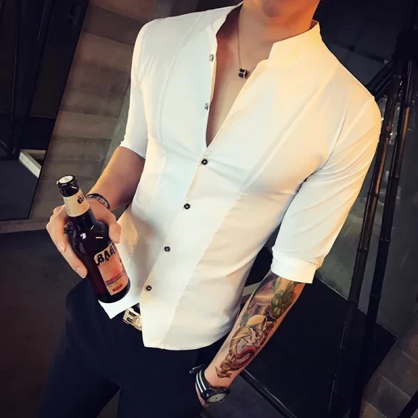 Men's Stand-up Collar Shirt 2024 Summer New Men's Fashion Slim Korean Half Sleeve High Quality Summer Short Sleeve Shirt - Image 2