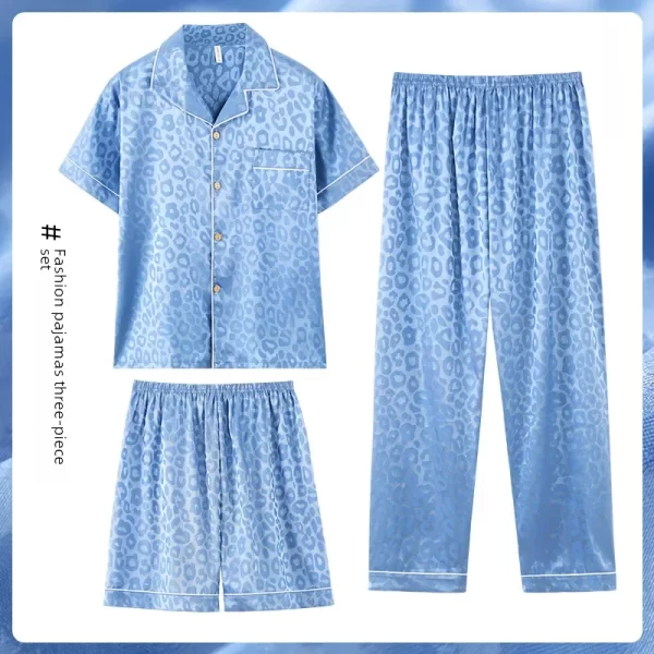 Summer Pajamas Men's Jacquard Ice Silk Short Sleeve Three-piece Set Casual Teenager Simulation Silk Home Wear Outerwear - Image 4