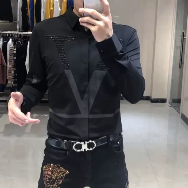 Spring Autumn New Diamonds Print Letter Shirt Man Casual Long Sleeve All-match Blouse Korean Fashion Y2K Top Letter Male Clothes - Image 8