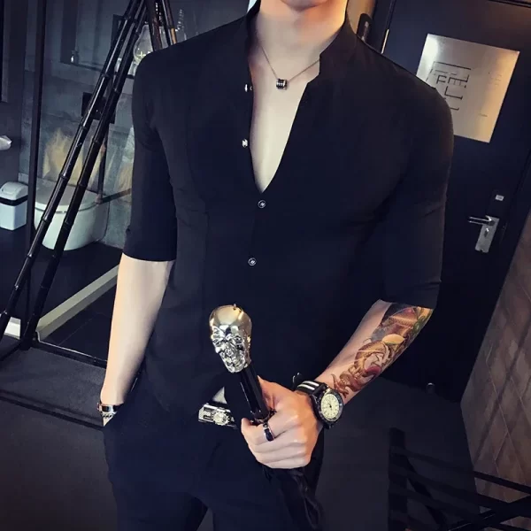 Men's Stand-up Collar Shirt 2024 Summer New Men's Fashion Slim Korean Half Sleeve High Quality Summer Short Sleeve Shirt - Image 6