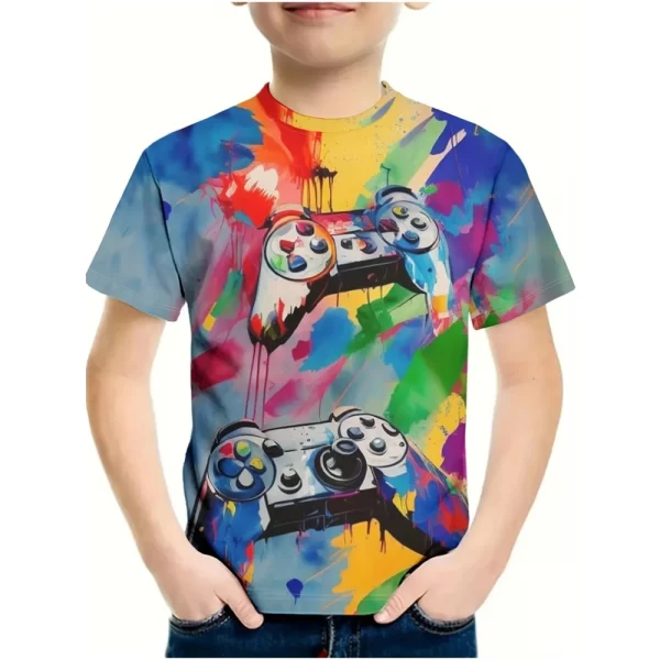 T-Shirt for a Boy 3D Print Gamepad Doodle Boy's T-Shirts Casual Round Neck Short Sleeves Tops Kids Summer Children's Clothing - Image 3