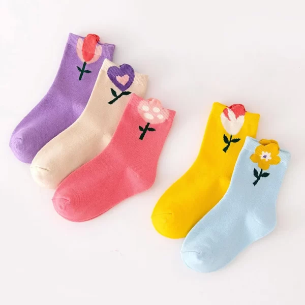 5 Pairs Girls Socks Cute Cartoon Flower Pattern Comfortable Breathable Kids Socks - Image 2