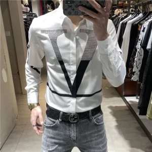 Spring Autumn New Diamonds Print Letter Shirt Man Casual Long Sleeve All-match Blouse Korean Fashion Y2K Top Letter Male Clothes