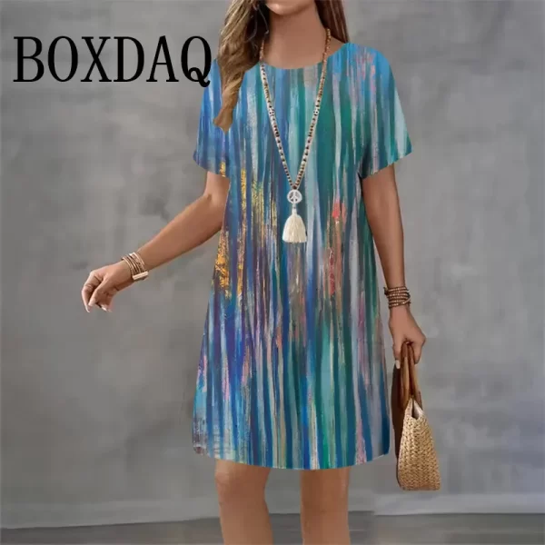 Tie-Dye Women's Clothing Dresses Loose Elegant Woman Oil Painting Dresses Street Art Colorful Round Neck Dress Short Sleeve 2025 - Image 2