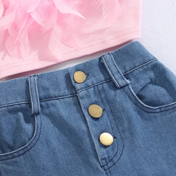 Girls Summer Clothing Outfit Sets Fashion Kid Children Pink Sleeveless Feather Camisole + Denim Pants with Pockets - Image 5