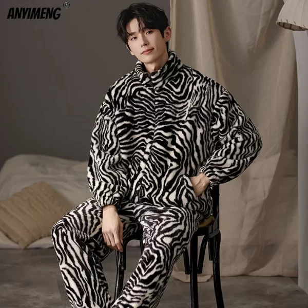 New Flannel Pajamas for Men Winter Thick Velvet Cardigan Pajama Sets Lapel Zipper Homewear Soft Warm Nightwear Man Pyjamas - Image 4