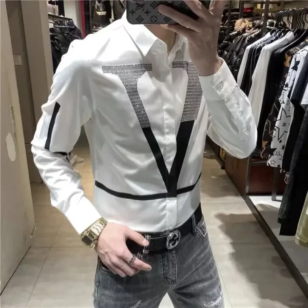 Spring Autumn New Diamonds Print Letter Shirt Man Casual Long Sleeve All-match Blouse Korean Fashion Y2K Top Letter Male Clothes - Image 7