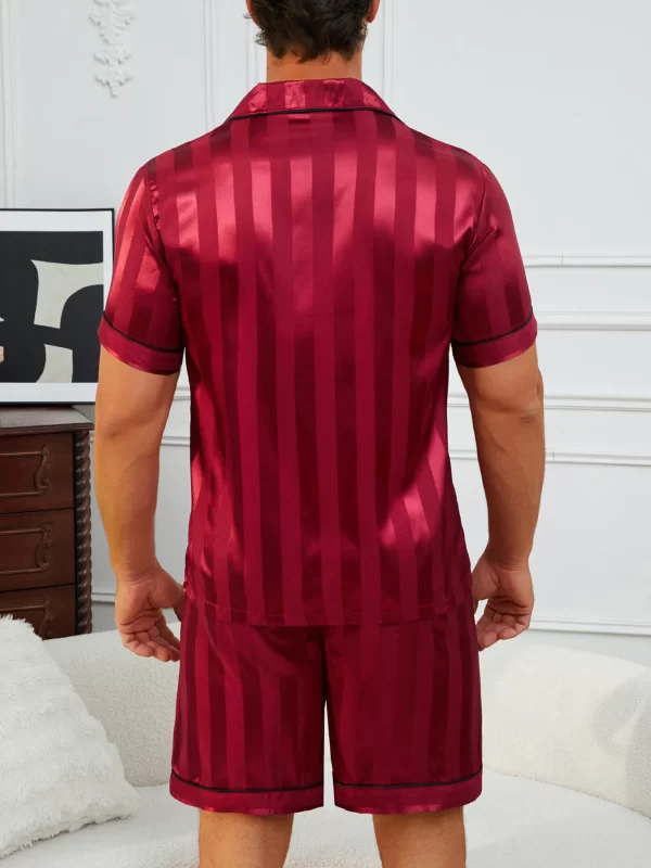 Men's Pajamas Set Summer Sleepwear Set Luxurious Satin Pajamas with Soft Comfortable Short Sleeve Button-Up Top & Shorts - Image 5