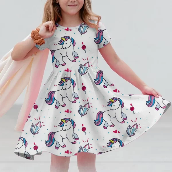 New Unicorn Party Casual Home Dress for Children Aged 3-14 with 3D Printed Short Sleeve Dress in 2025 - Image 5