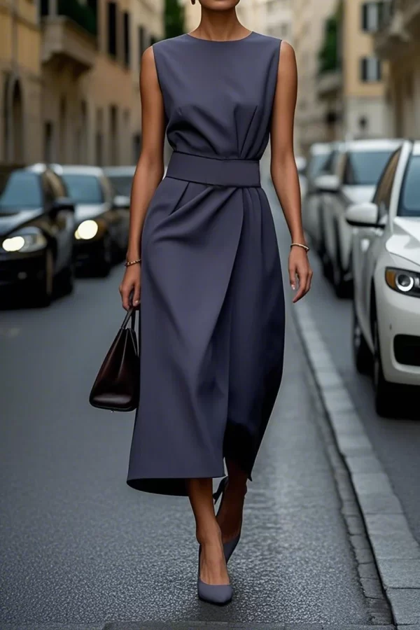 Summer Fashion Solid Color Long Dresses 2025 Woman Sexy Round Neck Sleeveless High Waist Dress Elegant Commuting Lady Dress - Image 14