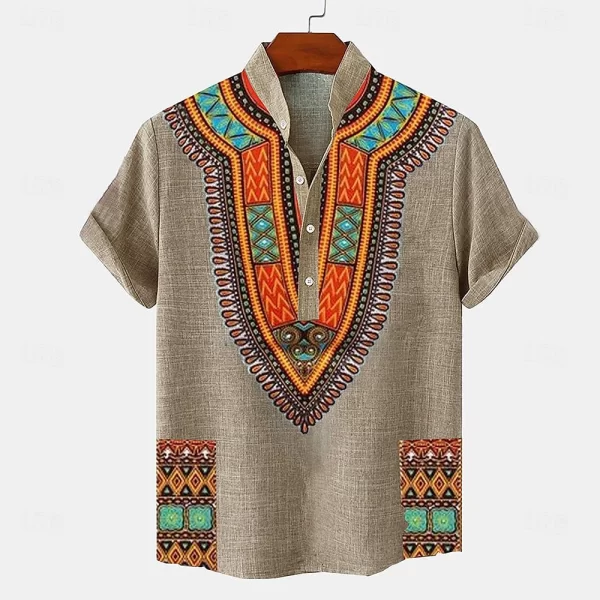 Men's Tops Pullover Linen Men's Tribal Totem Short Sleeve Shirt Half Cardigan Button Stand Collar New Shirt Linen Men's Tops - Image 3