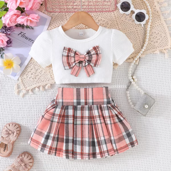 Puff Sleeve Bow Top and Elastic Pleated Skirt Summer Outfit Toddler Infant Clothing Set Kids Wear Ootd For Baby Girl - Image 5