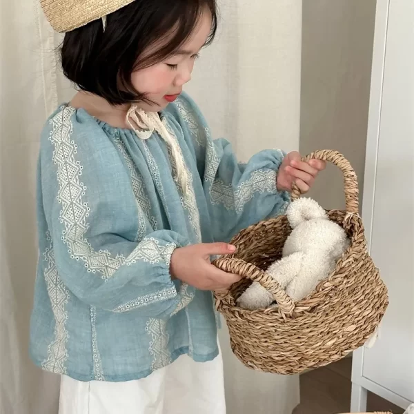 Spring Summer Girls floral embroidery blouses 2024 children cotton loose O-Neck shirt Tops - Image 3